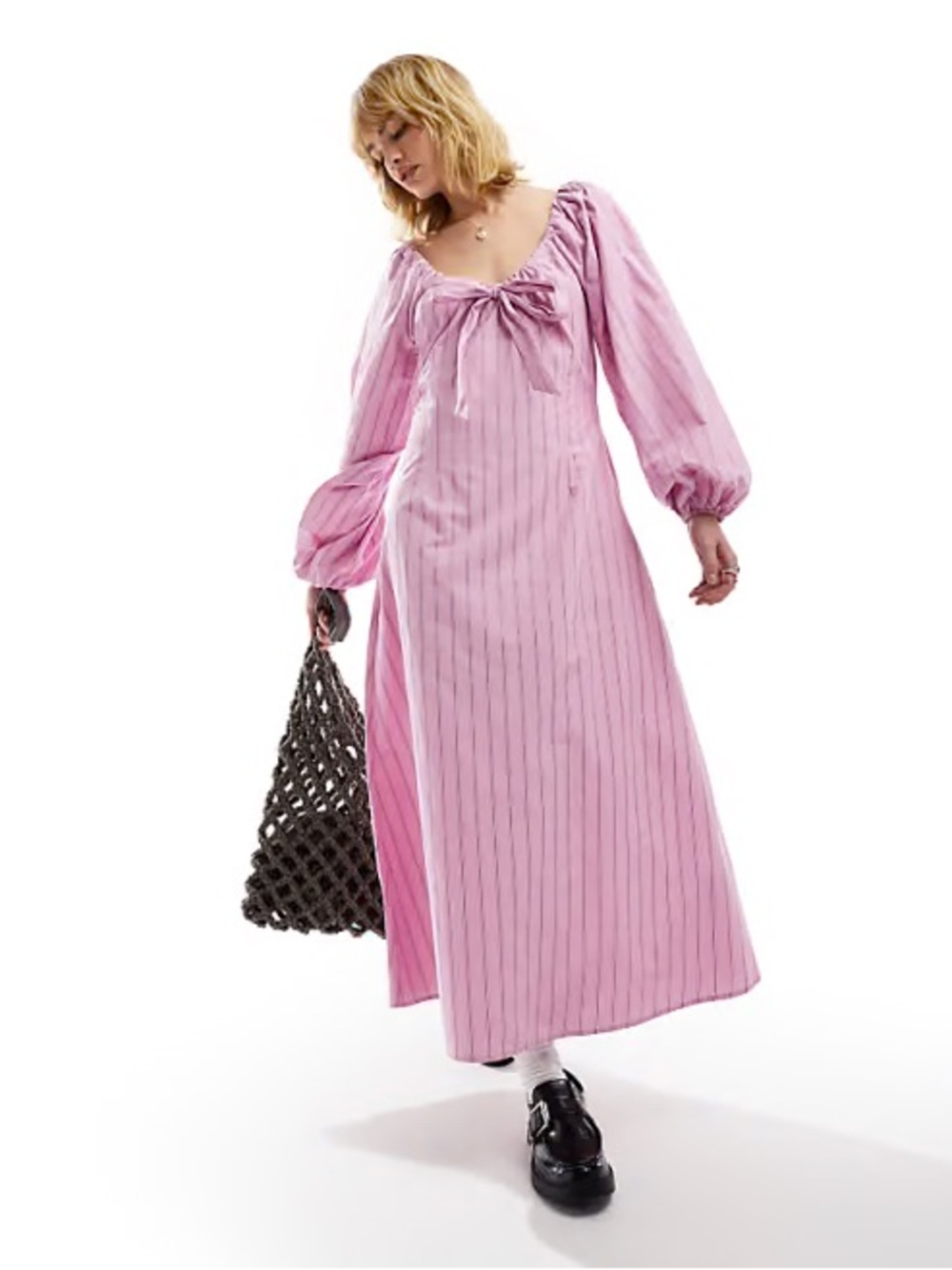 Glamorous Pink Long-Sleeve Maxi Dress with Bow Neckline